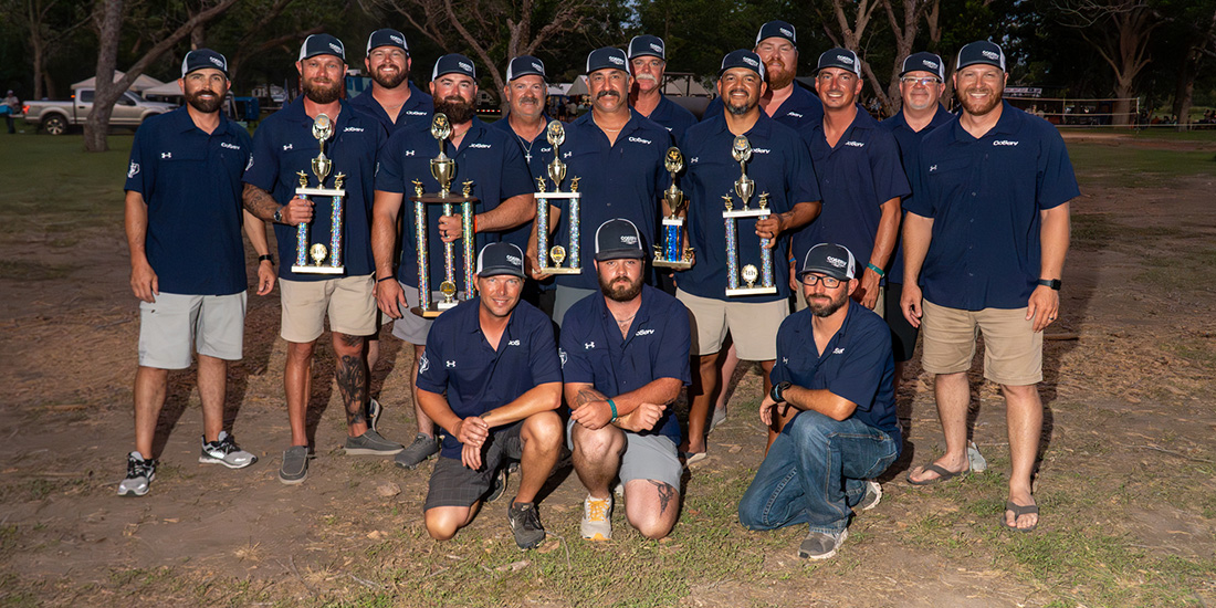 CoServ Journeyman Team won 1st place Overall Cooperative Division and 4th place Overall Journeyman Division while the Senior Journeyman Team won 3rd place Overall Senior Division during the Texas Lineman Rodeo. Pictured (L to R) Cody Coulter, Jared Day, Garrett McFerren, Justin Brown, Luke Hawkins, Alex Garza and Chris Hammonds, Jake Garcia, Dustin Rucks, Clint Tipton, Craig Scoggins, Andrew Pierce. Bottom Row: Zach Gutkenecht, John Payne, Matt Honea. Photos by BRIAN ELLEDGE